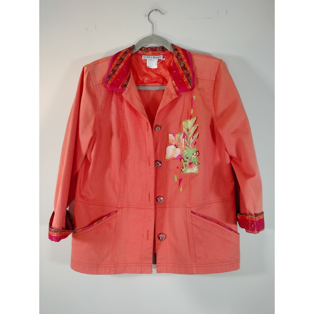 Nancy Bolen City Girl Coral Pink Floral Applique Blazer Jacket Womens Size 10